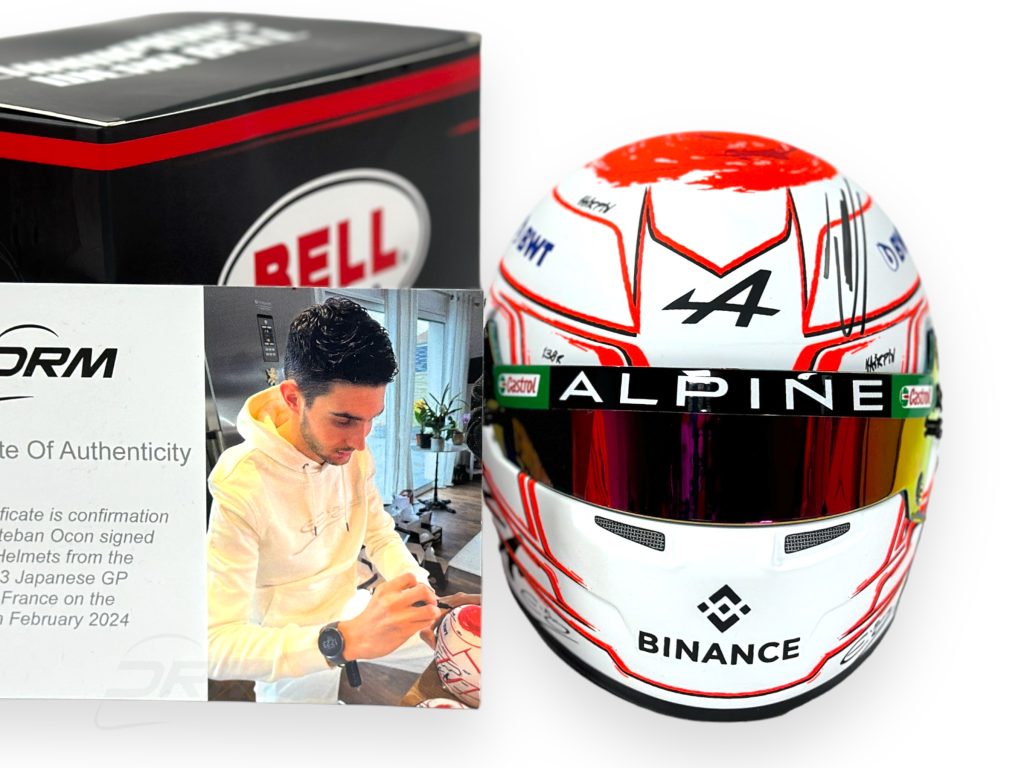 Damaged Signed Esteban Ocon 2023 Japanese GP Alpine Bell 1:2 Helmet